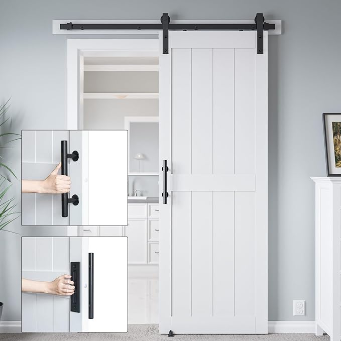 32in x 96in MDF Sliding Barn Door with 6ft Barn Door Hardware Kit & Handle | White Solid Barn Door Slab Covered with Water-Proof PVC Surface, Pre-Drilled Holes Easy Assembly, H-Frame