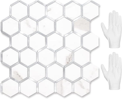 STICKGOO Hexagon Peel and Stick Backsplash Tile, Stick on Backsplash for Kitchen and Bathroom, White Marble Look PVC Mixed Metal Silver Self Adhesive Wall Tiles(10 Sheets, Seamless)