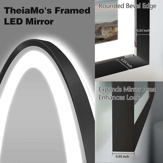 Arched LED Bathroom Mirror, 36"x24" Arch Backlit Vanity Mirror with Lights, Frontlit, Dimmable, 3 Colors, Memory Function, Anti-Fog Smart Mirror, Black Frame, Shatterproof, UL Listed