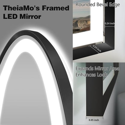 Arched LED Bathroom Mirror, 36"x24" Arch Backlit Vanity Mirror with Lights, Frontlit, Dimmable, 3 Colors, Memory Function, Anti-Fog Smart Mirror, Black Frame, Shatterproof, UL Listed