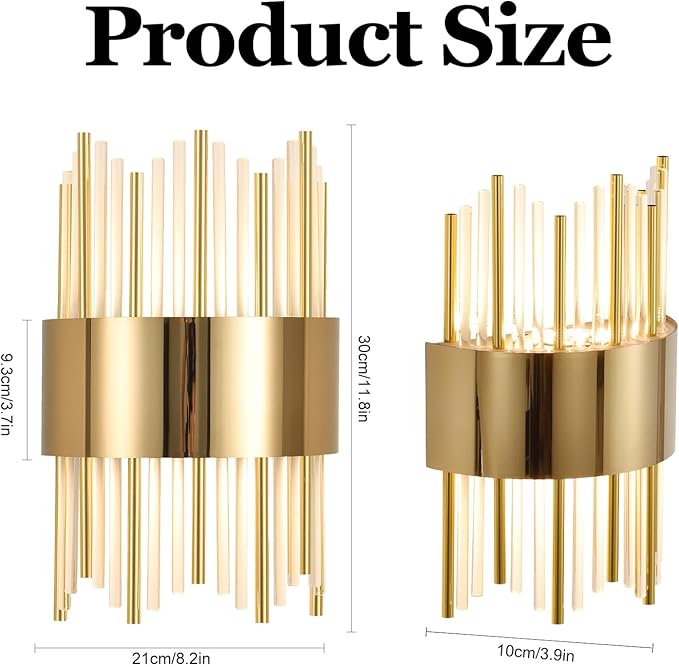 Gold Wall Sconces set of 2, LED Dimmable Modern Crystal Wall Sconces Set of Two, Gold Wall Light, Vanity Mirror Light, for Bedroom, Living Room, Dining Room, Dimmable LED 0-32W with Light Source,3000K