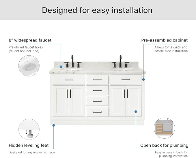 ARIEL Hepburn 60-inch Bathroom Vanity with Sink,Solid Wood, 1.5-inch Italian Carrara Marble Countertop & Backsplash, Double Oval Porcelain Sink, 4 Soft Closing Doors, 6 Dovetail Drawers, White