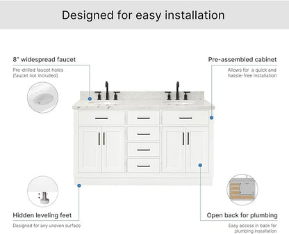 ARIEL Hepburn 60-inch Bathroom Vanity with Sink,Solid Wood, 1.5-inch Italian Carrara Marble Countertop & Backsplash, Double Oval Porcelain Sink, 4 Soft Closing Doors, 6 Dovetail Drawers, White