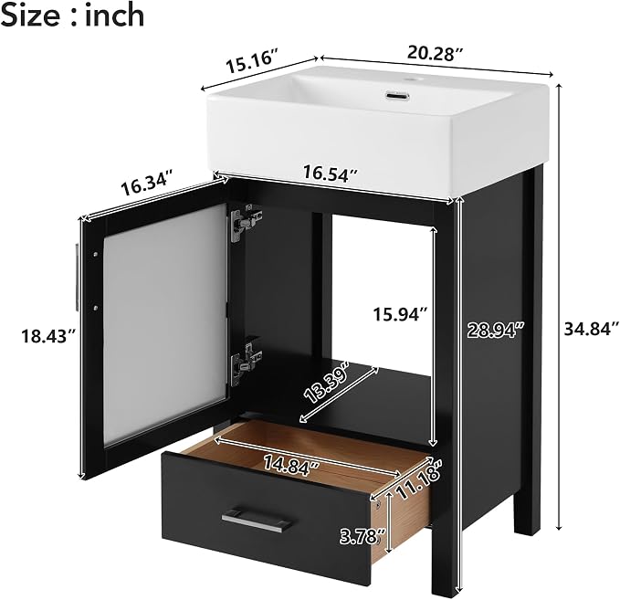 Merax 20 Inch Bathroom Vanity with Ceramic Sink and Ample Storage,Ideal for Small Bathrooms,Black