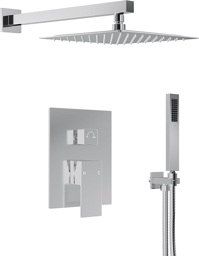 10" High-Pressure Rainfall Shower System with Handheld Spray, Wall Mount Bathroom Shower Faucet Set with Valve (Polished Chrome)