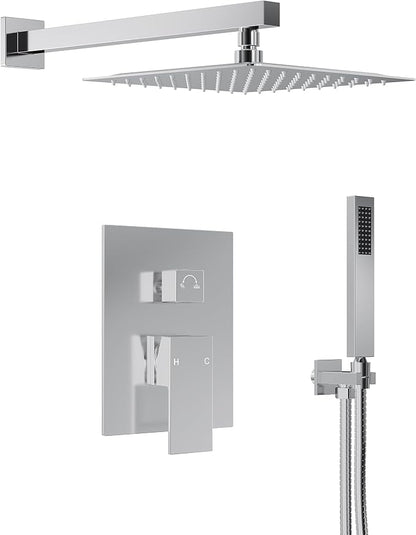 10" High-Pressure Rainfall Shower System with Handheld Spray, Wall Mount Bathroom Shower Faucet Set with Valve (Polished Chrome)