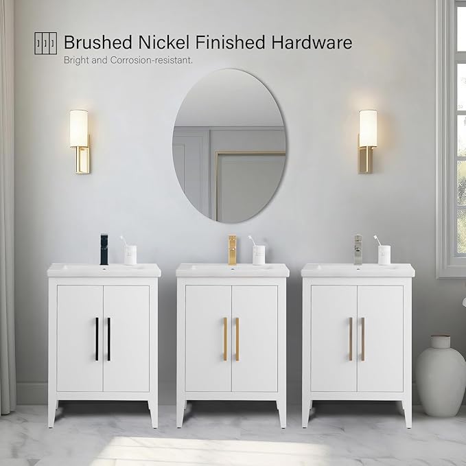Vanity Art 24 inch Bathroom Vanity with Single Sink & Ceramic Top, Vanity Cabinet with Soft-Closing Doors, Solid Wood Frame, White, VA9024-W-GB1