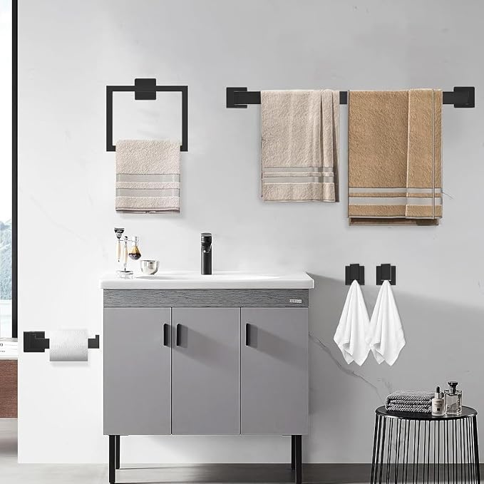 10-Piece Matte Black Bathroom Hardware Accessories Set Including 23.6 Inch Bath Towel Bar, Towel Rings, Bath Toilet Paper Holders, Robe Towel Hooks Set for Bathroom Stainless Steel Wall Mounted