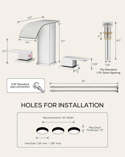 Waterfall Bathroom Faucet 3 Hole, Chrome 8 Inch Widespread Modern 3 Piece Bathroom Sink Faucet, Touch On Lavatory Faucet for Vanity RV Restroom, Curved Spout
