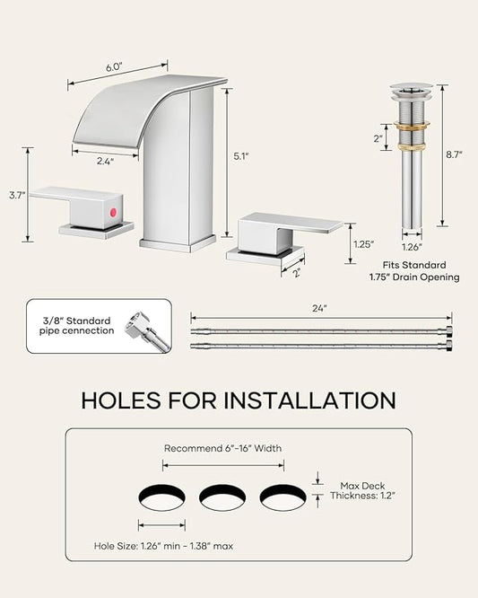 Waterfall Bathroom Faucet 3 Hole, Chrome 8 Inch Widespread Modern 3 Piece Bathroom Sink Faucet, Touch On Lavatory Faucet for Vanity RV Restroom, Curved Spout