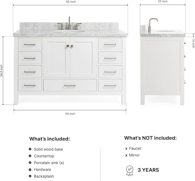 ARIEL Cambridge 54-inch Bathroom Vanity with Sink,Solid Wood, 1.5-inch Italian Carrara Marble Countertop & Backsplash, Single Oval Porcelain Sink, 2 Soft Closing Doors, 9 Dovetail Drawers, White