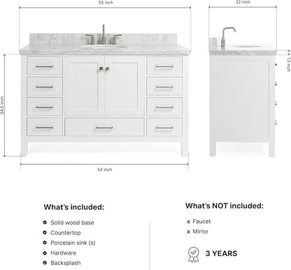 ARIEL Cambridge 54-inch Bathroom Vanity with Sink,Solid Wood, 1.5-inch Italian Carrara Marble Countertop & Backsplash, Single Oval Porcelain Sink, 2 Soft Closing Doors, 9 Dovetail Drawers, White