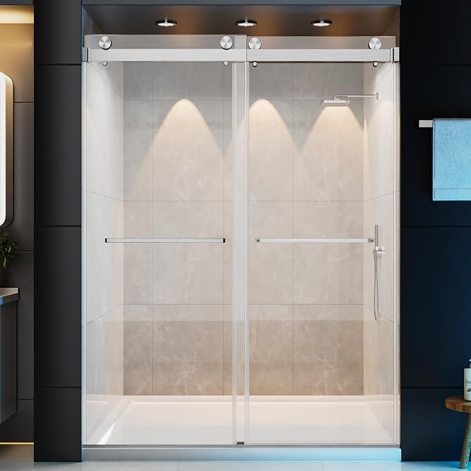 56–60" W × 78" H Frameless Sliding Glass Shower Door, 3/8" (10mm) Thick Tempered Glass, Stainless Steel Hardware, Double Sliding Shower Doors for Walk in Shower, Brushed Nickel