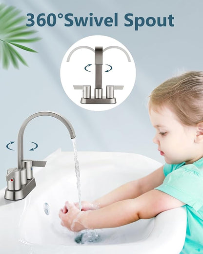 Aolemi Bathroom Faucets for Sink 3 Hole,4 Inch Centerset Waterfall Faucet 2 Handle for Bathroom Sink with Pop-Up Drain and Supply Lines Brushed Nickel