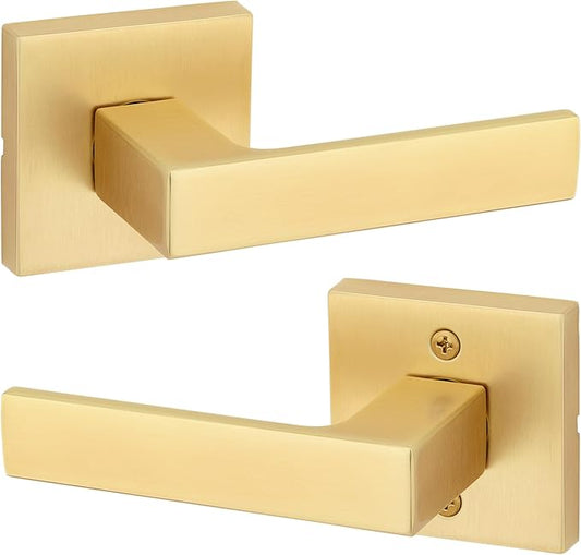 Kwikset Singapore Interior Passage Door Handle, Lever for Closet and Hallway Doors, Reversible Non-Locking Handle Lever, Satin Brass, with Microban Protection