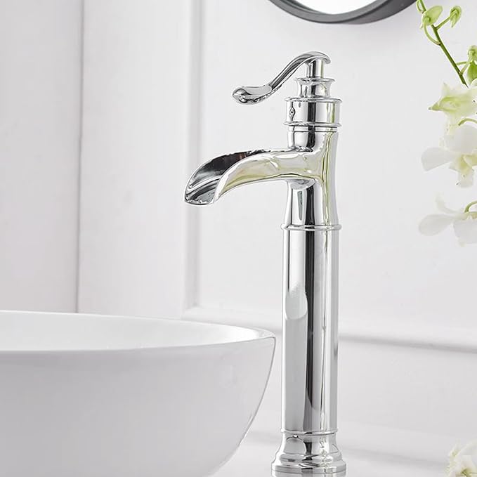 Chrome Vessel Sink Faucet Tall Brass Waterfall Faucet for Vessel Sink | Bathroom Faucets Farmhouse Single Hole Single Handle Vanity Lavatory Without Overflow Pop Up Drain for Washroom by BATHLAVISH