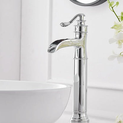 Chrome Vessel Sink Faucet Tall Brass Waterfall Faucet for Vessel Sink | Bathroom Faucets Farmhouse Single Hole Single Handle Vanity Lavatory Without Overflow Pop Up Drain for Washroom by BATHLAVISH