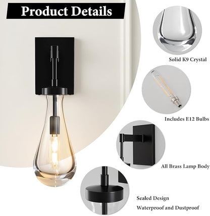 Raindrop Brass Crystal Wall Sconce: Clear Solid Indoor Sconces with Bulbs - Modern Luxury Black Light Fixtures - Dimmable Vanity Lamp for Bedroom Living Room Bathroom Hallway Bedside Lighting
