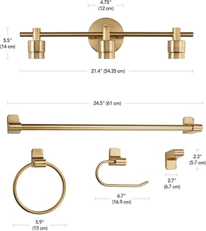 Globe Electric 51563 5-Piece Bathroom Accessory Set with 3-Light Vanity Fixture, Matte Brass Finish, Open Socket Design, Towel Bar, Towel Ring, Robe Hook, Toilet Paper Holder