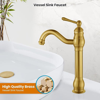 Gold vessel sink faucet with a white basin and plant in the background
