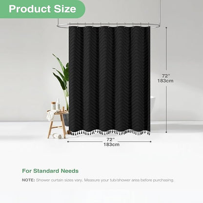 Dynamene Black Boho Shower Curtain and Liner Set, Farmhouse Fabric Shower Curtain and Waterproof Clear Liner, Tufted Chevron Striped Textured Tassel Shower Curtains for Bathroom with 12 Hooks, 72x72