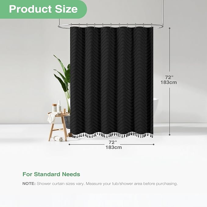 Dynamene Boho Farmhouse Shower Curtain, Black Fabric Tufted Chevron Striped Textured Tassel Shower Curtains for Bathroom, Water Repellent, Minimalist Ruffled Cloth Shower Curtain Set with Hook, 72x72
