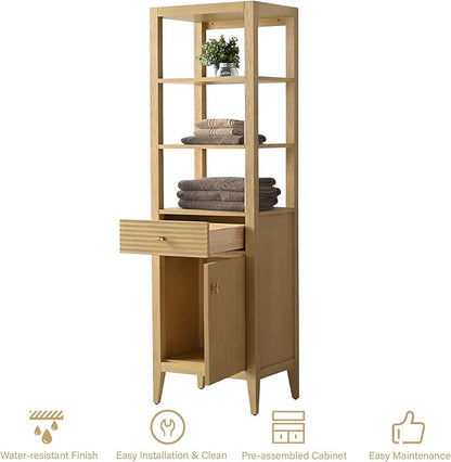 HOMEBEYOND Bathroom Vanity with Storage Cabinet & Shelves, Free-Standing Vanity with Soft-Closing Doors, Golden Brushed Handware, Natural Oak