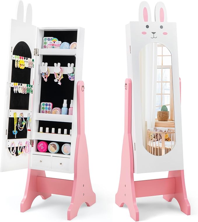HONEY JOY Kids Jewelry Armoire Cabinet, Rabbit Themed Wooden Standing Jewelry Organizer w/Full-length Mirror and Storage Drawers, Children Dress Up Jewelry Cabinet for Little Girls (White)