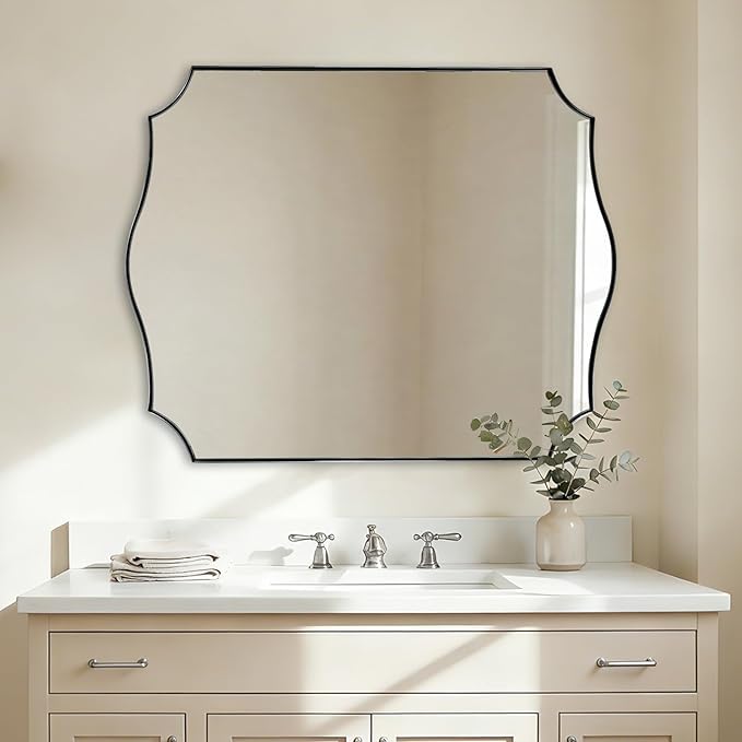 ANDY STAR Brushed Nickel Bathroom Mirror, 28x36 Inch Asymmetrical Wall Mirror, Modern Rectangle Mirror with Unique Wavy Design Ideal for Home Decor, Premium Stainless Steel Metal