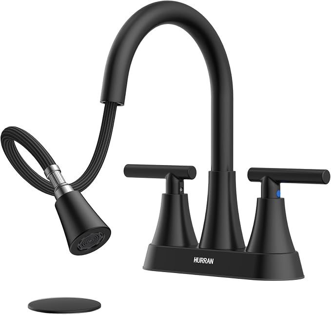 Centerset Bathroom Faucet with Pull Out Sprayer, 4 Inch 2 Handle Sink Faucet with Pop Up Drain, Stainless Steel Vanity Faucet with 2 Supply Hoses, Matte Black