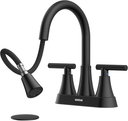 Centerset Bathroom Faucet with Pull Out Sprayer, 4 Inch 2 Handle Sink Faucet with Pop Up Drain, Stainless Steel Vanity Faucet with 2 Supply Hoses, Matte Black