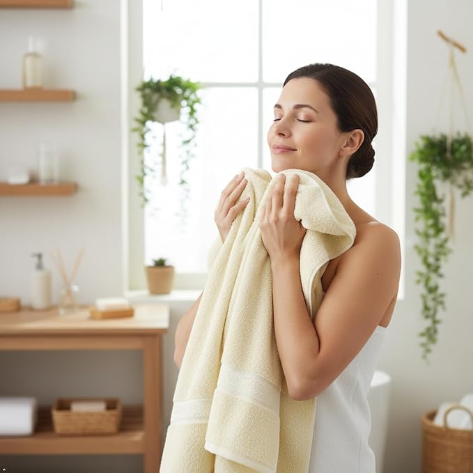 6 Piece 100% Cotton Bath Towel Set -2 Bath 2 Hand 2 Face, Cream | 100% Cotton • Thick & Plush • Hotel Quality • Ultra Soft • Highly Absorbent • Quick Dry • Low Lint • Machine Washable