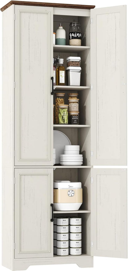Function Home Farmhouse Kitchen Pantry Cabinet, 72" Tall Storage Cabinet with Doors and Adjustable Shelves, 6 Tier Freestanding Cupboard for Dining Room Living Room Bathroom, Antique White & Brown Top