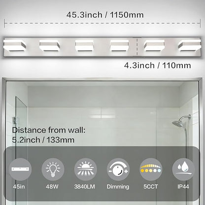 SOLFART Bathroom Light Fixtures, 5 Color Temperature Modern Vanity Lights, Brushed Nickel 6 Lights LED Lighting Light Color Adjustable 5CCT
