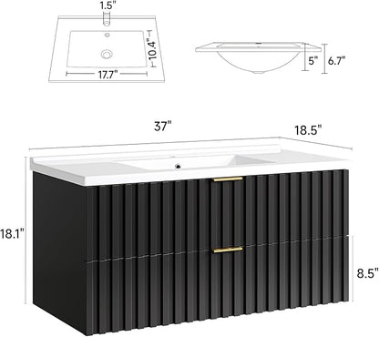 ONBRILL 36 Inch Bathroom Vanity with Sink Combo, Floating Bathroom Vanity with 2 Fluted Drawers & Metal Handle, Modern Wall Mount Storage Cabinet with Ceramic Integrated Sink for Small Space (Black)