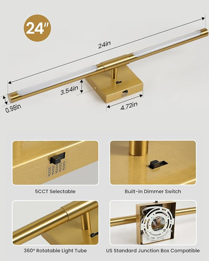 Epinl Modern Gold Bathroom Vanity Light, 24 inch 5CCT Dimmable Bathroom Lighting Fixture Over Mirror, 360° Rotatable Brush Gold LED Vanity Light Fixtures for Bathroom