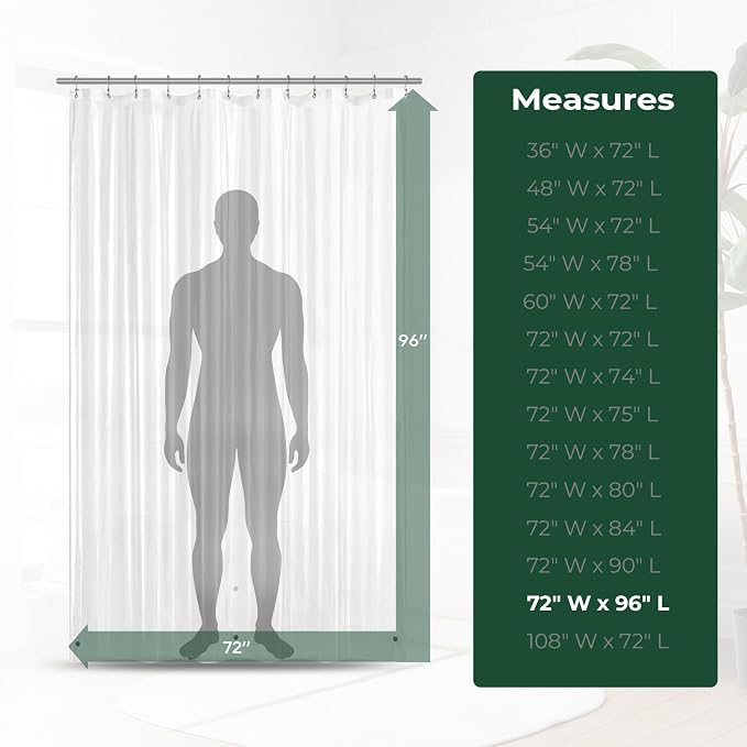 Clear Shower Curtain Liner with Side Suction Cups, Premium PEVA Plastic Shower Liner with 3 Magnets, Waterproof Bathroom Curtain, 72 x 96, Clear