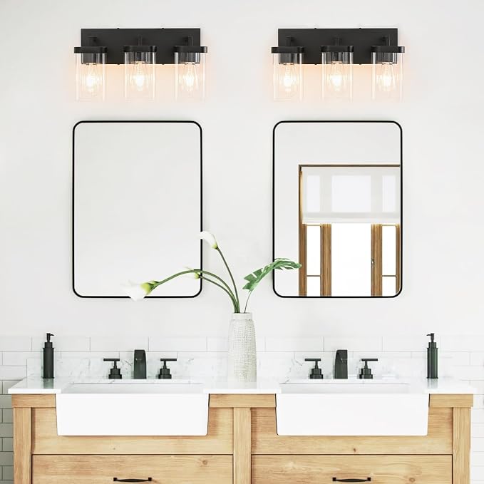 3-Light Bathroom Lighting Fixtures over Mirror, Matte Black Vanity Lights with Square Transparent Glass Shade, Modern Bathroom Vanity Light for Mirror Kitchen, Living Room, Gallery, Hallway