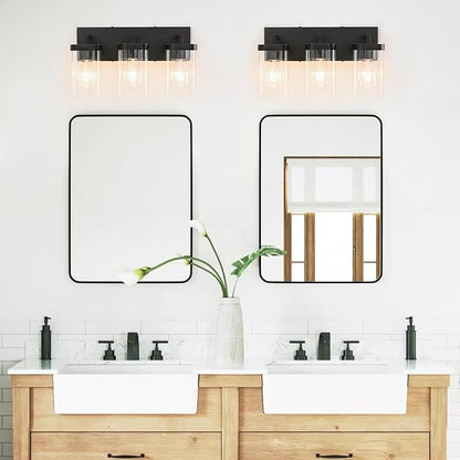 3-Light Bathroom Lighting Fixtures over Mirror, Matte Black Vanity Lights with Square Transparent Glass Shade, Modern Bathroom Vanity Light for Mirror Kitchen, Living Room, Gallery, Hallway