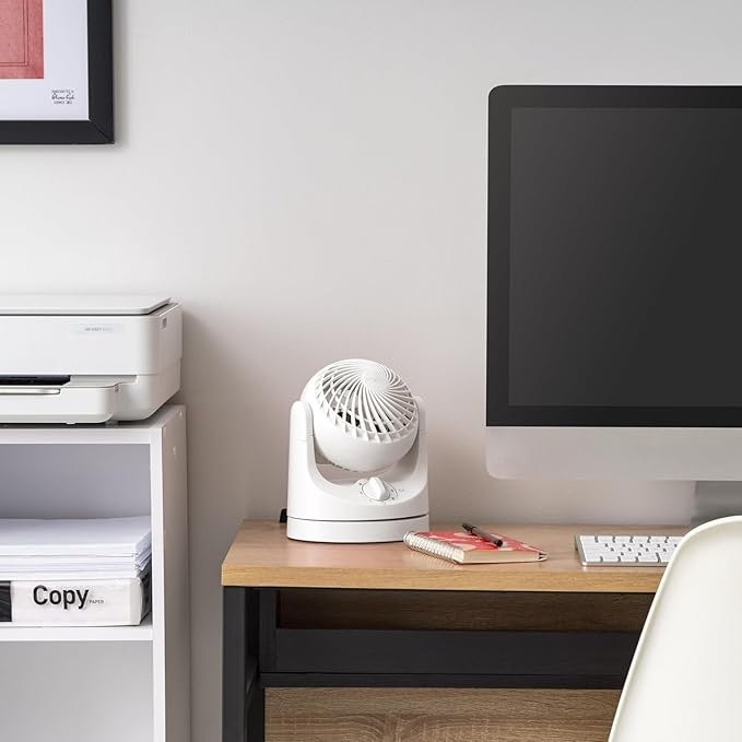 IRIS USA WOOZOO Desk Fan, Oscillating Table Air Circulator, 3 Speeds, 32ft Max Air Distance, 112° Adjustable Tilt, 27.5db Quiet Motor, Small Fan for Bedroom, Office, Dorm, White