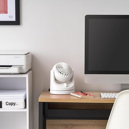 IRIS USA WOOZOO Desk Fan, Oscillating Table Air Circulator, 3 Speeds, 32ft Max Air Distance, 112° Adjustable Tilt, 27.5db Quiet Motor, Small Fan for Bedroom, Office, Dorm, White