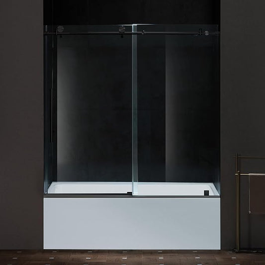 Woodbridge Frameless Single Sliding Shower Doors in Matte Black Finish, 57.5-60" Width x 62" Height with 3/8"(10mm) Clear Tempered Glass, Soft Close System and Explosion-Proof Film, BSDC6062-MB
