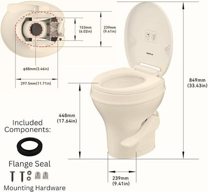 SEAFLO Bone RV Toilet, Residential Height 18.4", Gravity Flush Foot Pedal, Soft Close Seat, Camper Toilet for RV Motorhome Travel Trailer, Parchment, SFRTPH-02-01, 4-Year Warranty