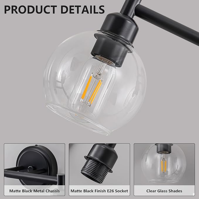 Modern Black Bathroom Vanity Lights,3-Light Matte Black Bathroom Light Fixture with Clear Glass Globe Shades, Adjustable Brightness Vanity Lighting fixtures for Kitchen,Bedroom,Hallway