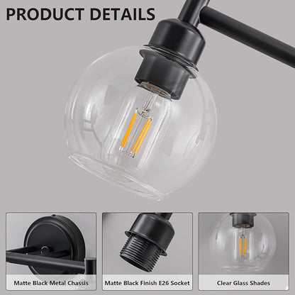 Modern Black Bathroom Vanity Lights,3-Light Matte Black Bathroom Light Fixture with Clear Glass Globe Shades, Adjustable Brightness Vanity Lighting fixtures for Kitchen,Bedroom,Hallway