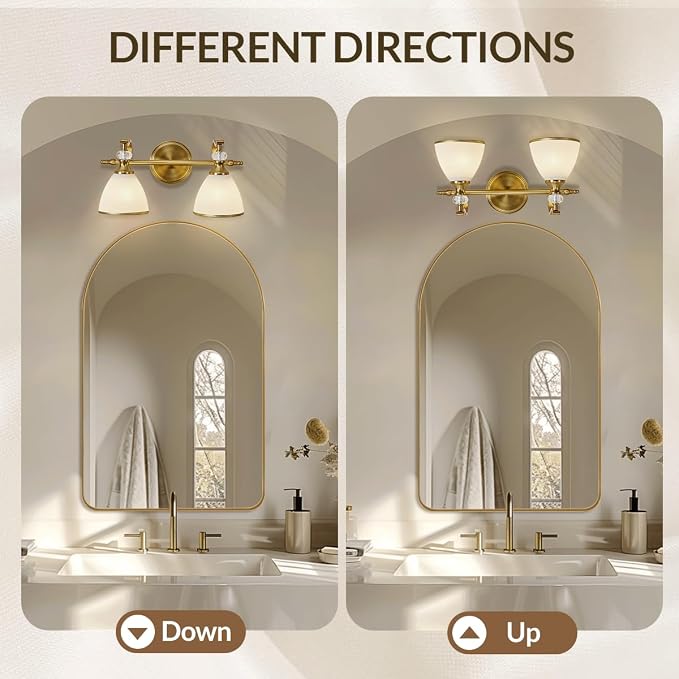 Gold Vanity Light, 2-Light Brushed Gold Bathroom Light Fixtures, Vintage Bathroom Light with Milky White Bell Glass Shades, Eye-Friendly Wall Sconce for Mirror, Kitchen, Bedroom, Hallway