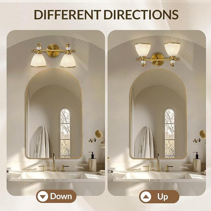 Gold Vanity Light, 2-Light Brushed Gold Bathroom Light Fixtures, Vintage Bathroom Light with Milky White Bell Glass Shades, Eye-Friendly Wall Sconce for Mirror, Kitchen, Bedroom, Hallway