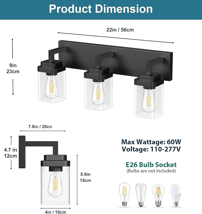Matte Black Bathroom Light Fixtures, Modern Vanity Lights with Clear Glass Lamp Shade, Bathroom Lighting Fixtures Over Mirror, Restroom Vanity Lighting Fixture, 3-Light 22 Inch