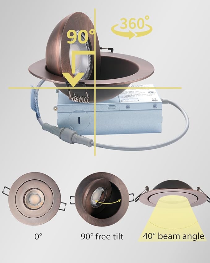 Recessed Lights 4 Inch, Oil Rubbed Bronze Gimbal Downlight with 360° Rotation to Highlight Artwork and Create Accent Lighting in Living Room or Kitchen 6 Pack