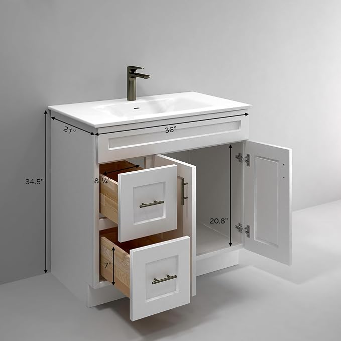 36" White Shaker Bathroom Vanity Base – Ready-to-Assemble Sink Cabinet with Drawers, Freestanding Bathroom Vanity Base Only, No Top or Sink